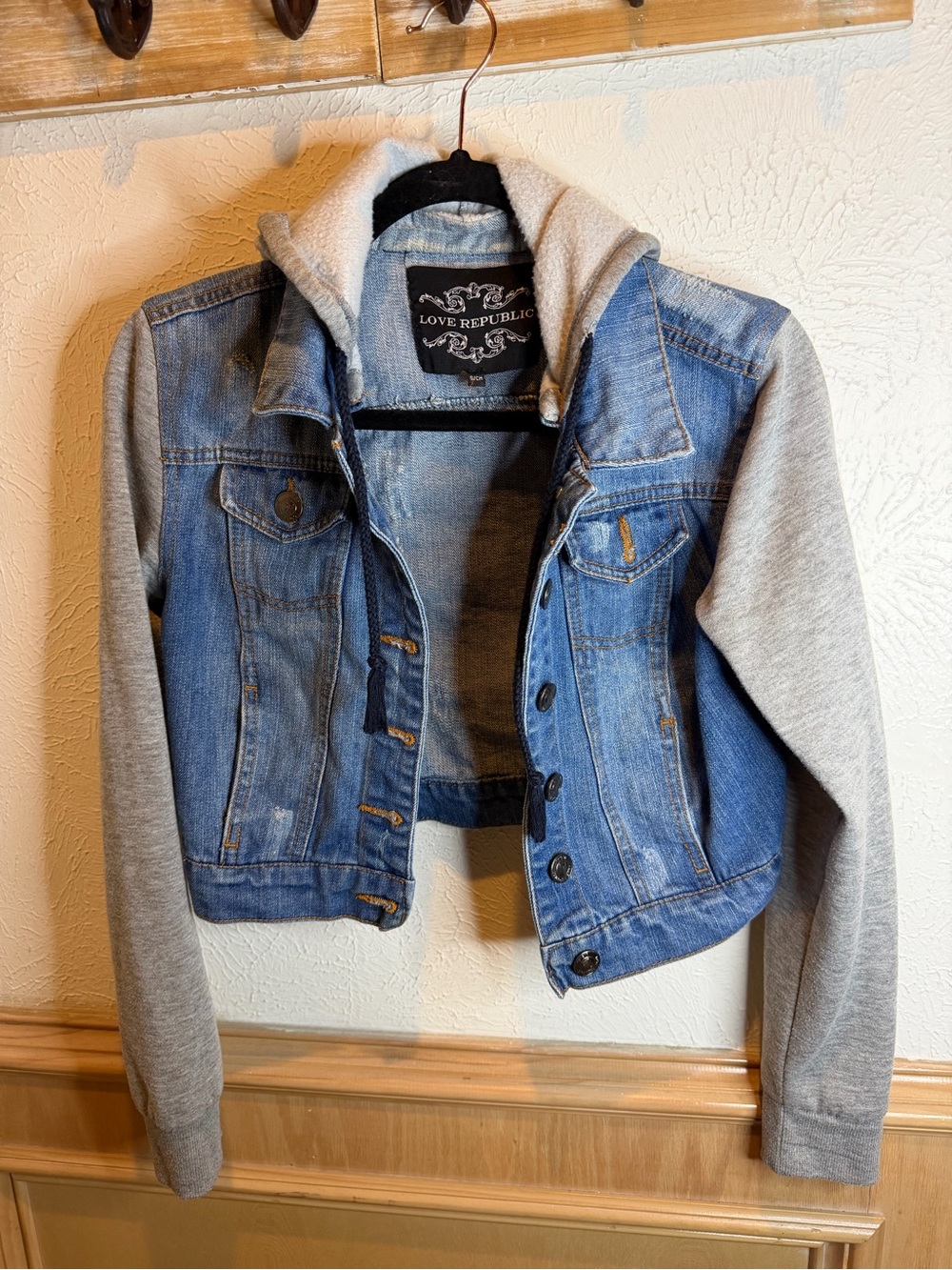 Love Republic Blue Denim Jacket with Gray Hoodie Sleeves